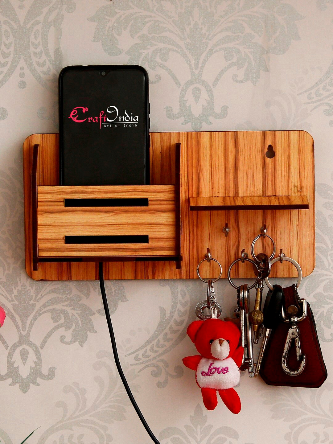 eCraftIndia Unisex Brown Handcrafted Multiutility 5 Hooks Wooden Key Holder