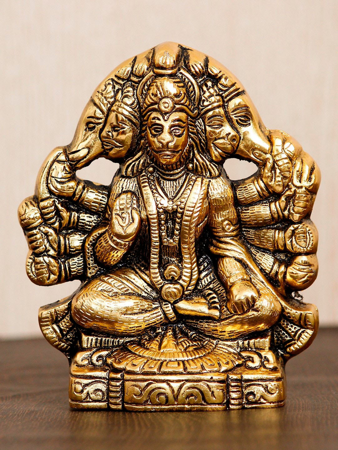eCraftIndia Panch Mukhi Hanuman Gold Metal Metallic Prayer Room Medium Showpiece - 5.3 Inches