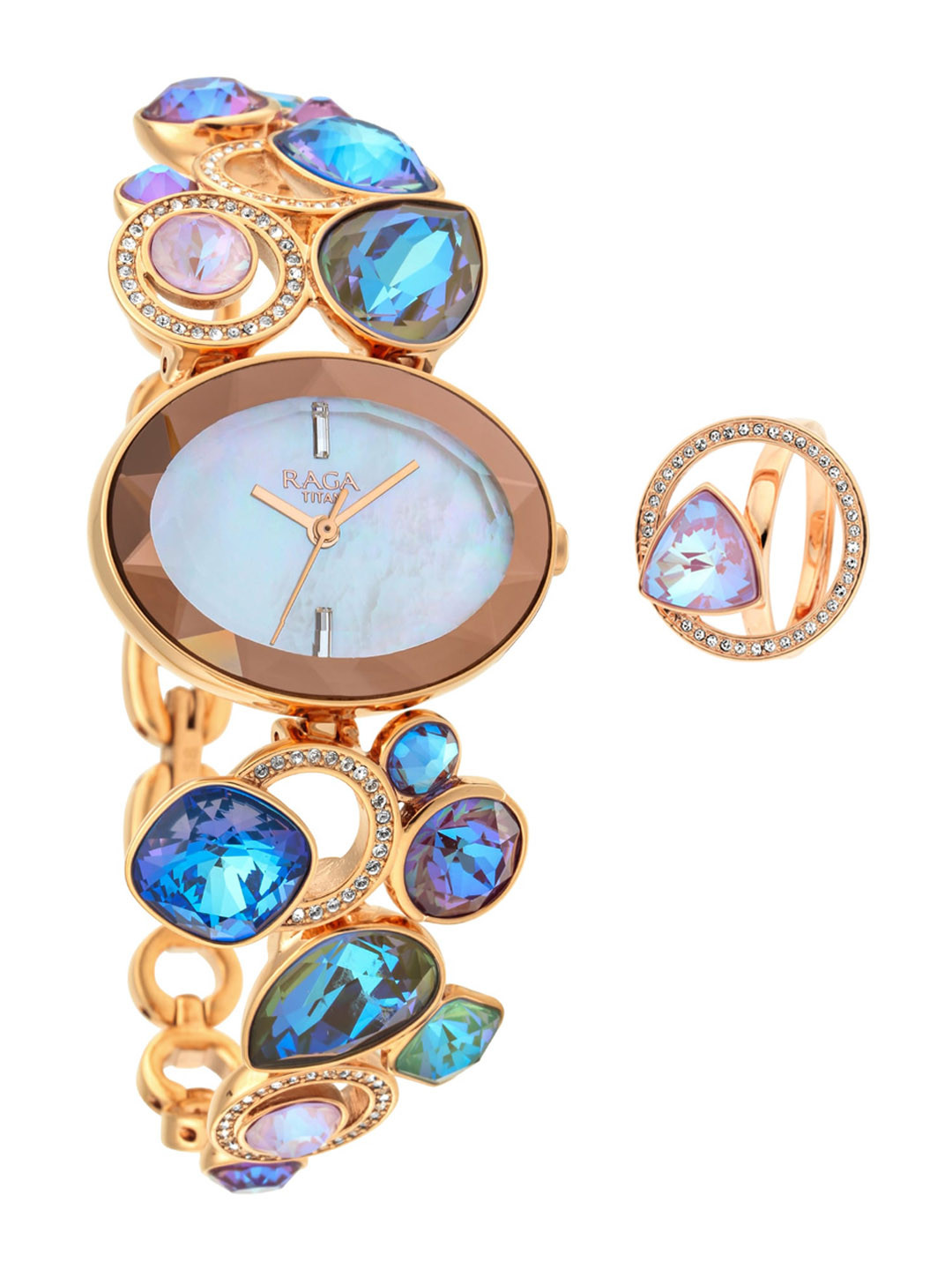 Titan Women Blue & Gold-Toned Analogue Watch with Finger Ring 95126WM01F
