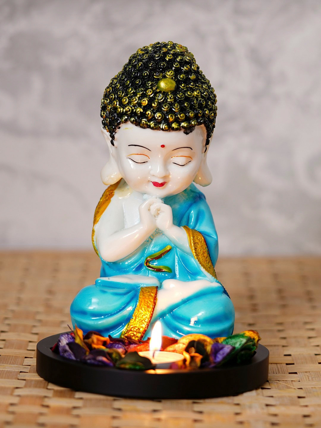 eCraftIndia Monk Buddha Blue Wood Natural Bedroom Lights Small Showpiece - 8.3 Inches