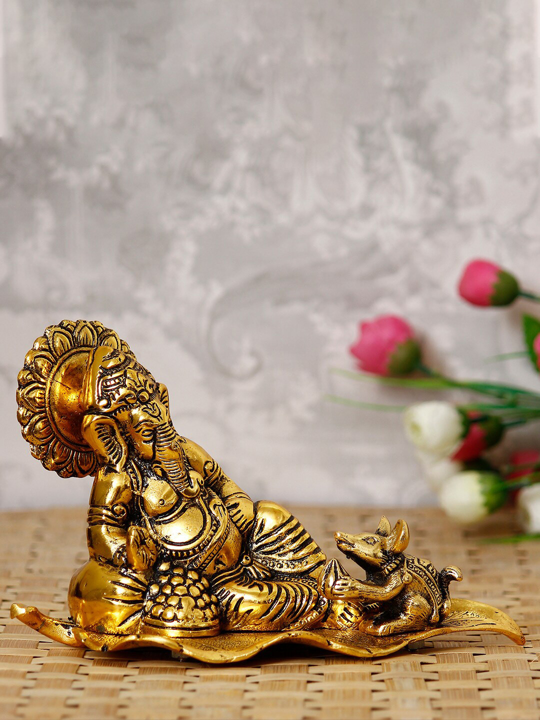 eCraftIndia Resting Ganesha Gold Metal Metallic Prayer Room Small Showpiece - 5.1 Inches