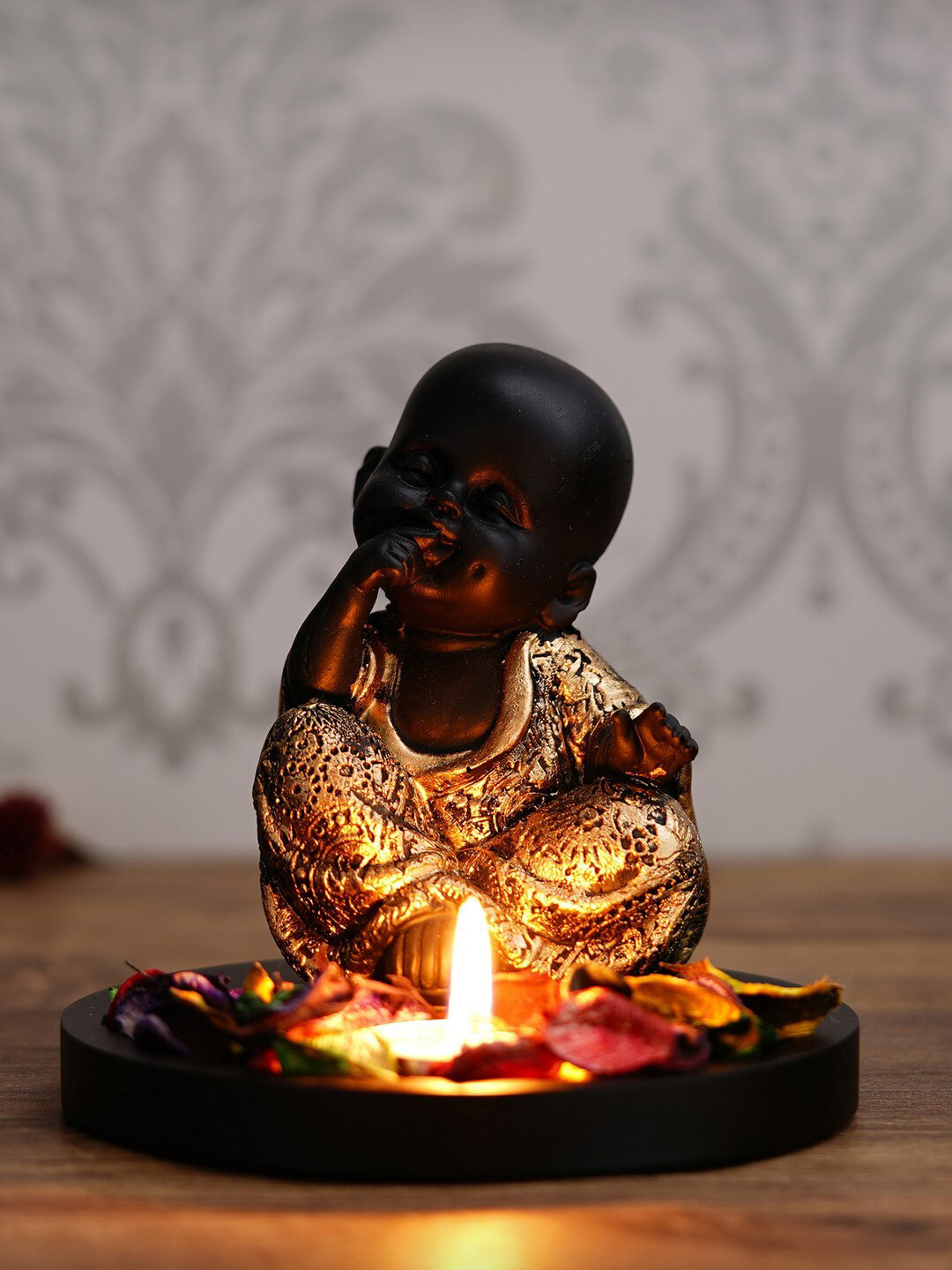 eCraftIndia Smiling Monk Buddha Black Wood Natural Living Room Small Showpiece - 5.5 Inches