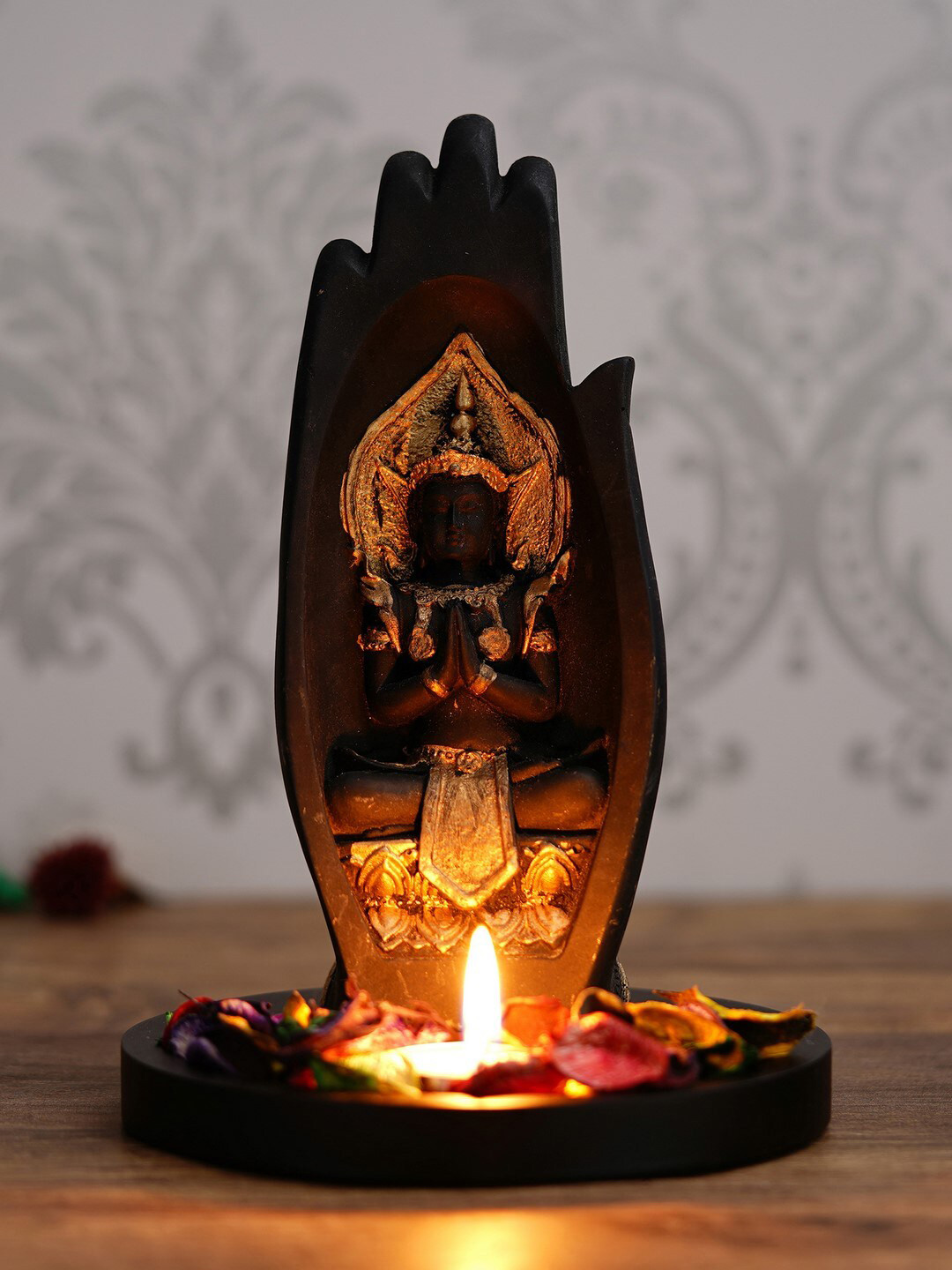 eCraftIndia Meditating Buddha Under Palm Black Wood Natural Living Room Hand-Crafted Medium Showpiece - 8.3 Inches