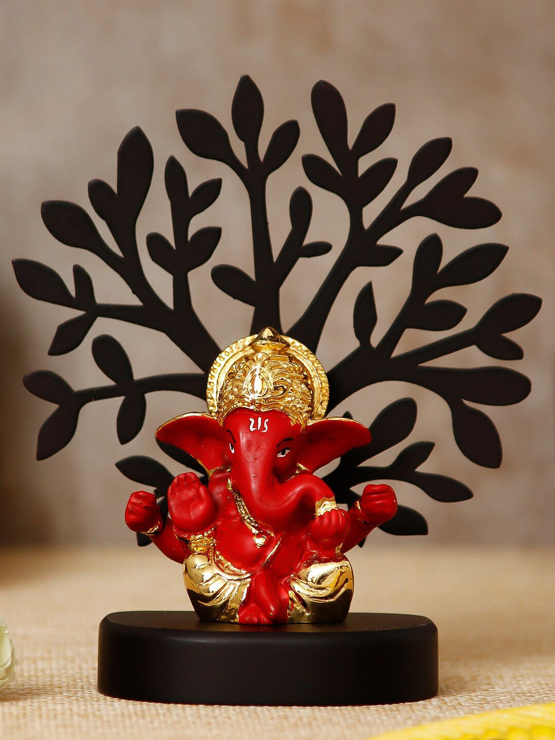 eCraftIndia Mukut Ganesha with Tree Red Wood Natural Prayer Room Small Showpiece - 5.1 Inches