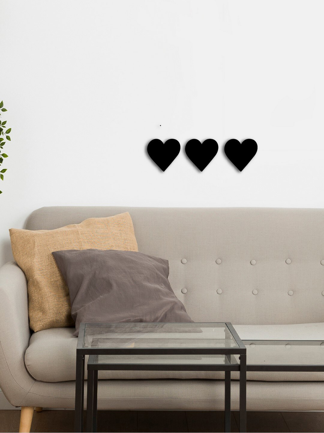 eCraftIndia 3 Black Hearts Wood Matte Hanging Hall 3Pcs Signs and Plaques-4In