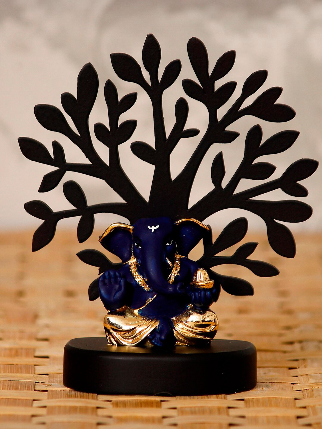 eCraftIndia Mukut Ganesha with Tree Blue Wood Natural Home Office Small Showpiece - 5.1 Inches