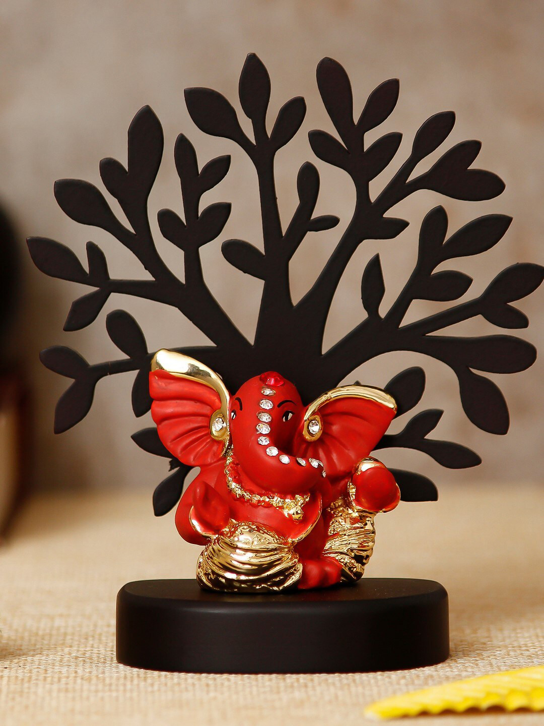 eCraftIndia Mini Kaan Ganesha with Tree Orange Wood Natural Prayer Room Small Showpiece - 5.1 Inches