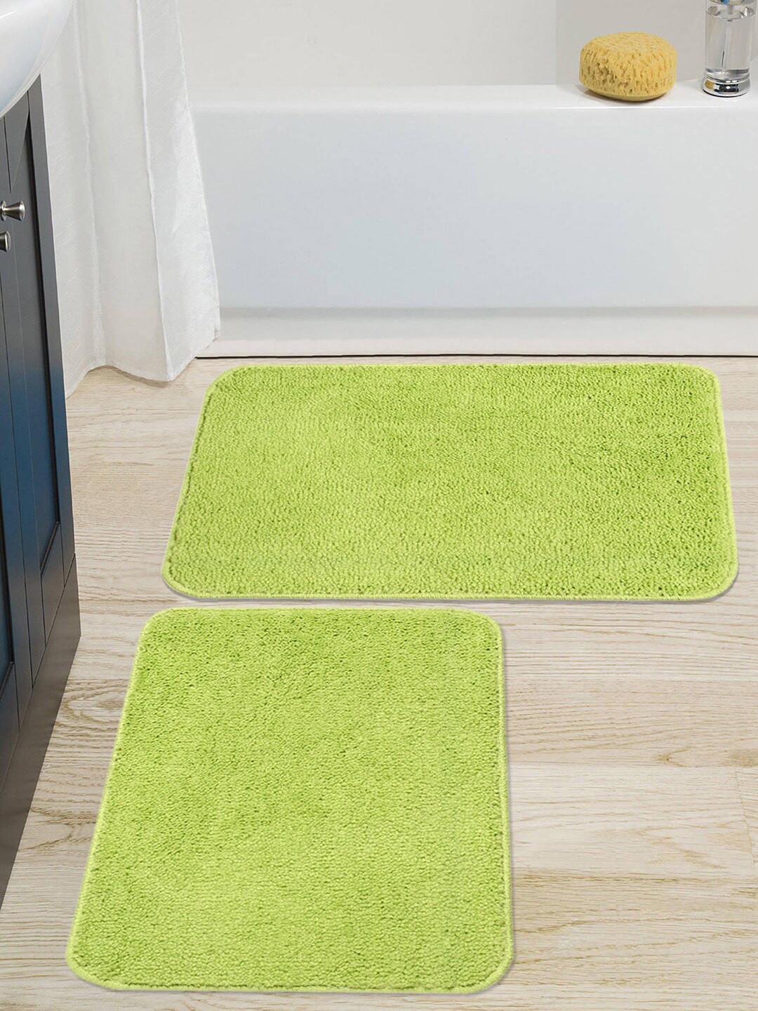 Saral Home Set Of 2 Lime Green Solid 110 GSM Anti-Skid Bath Rugs