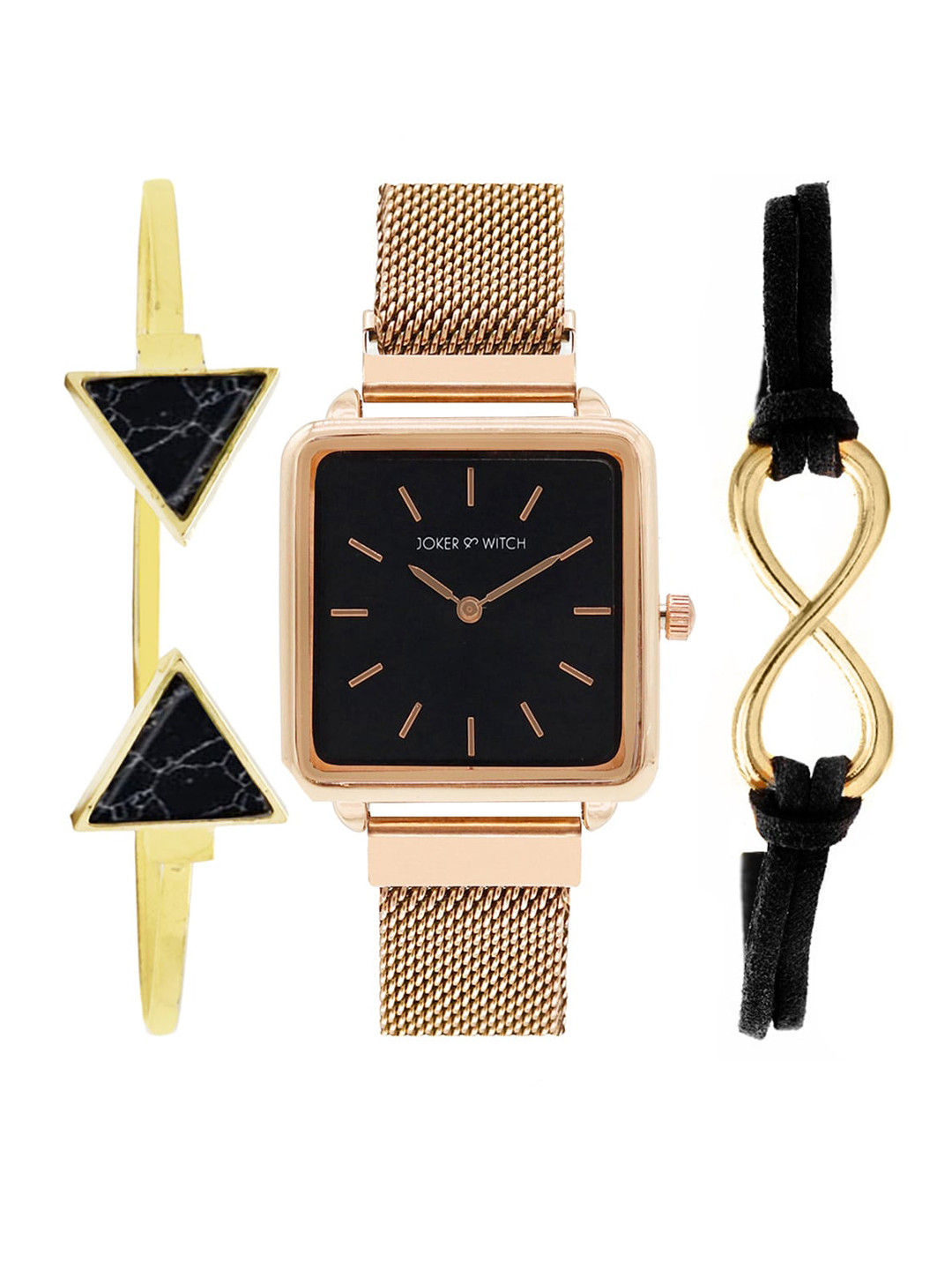 Joker & Witch Women Black and Rosegold Watch Bracelet Gift Set