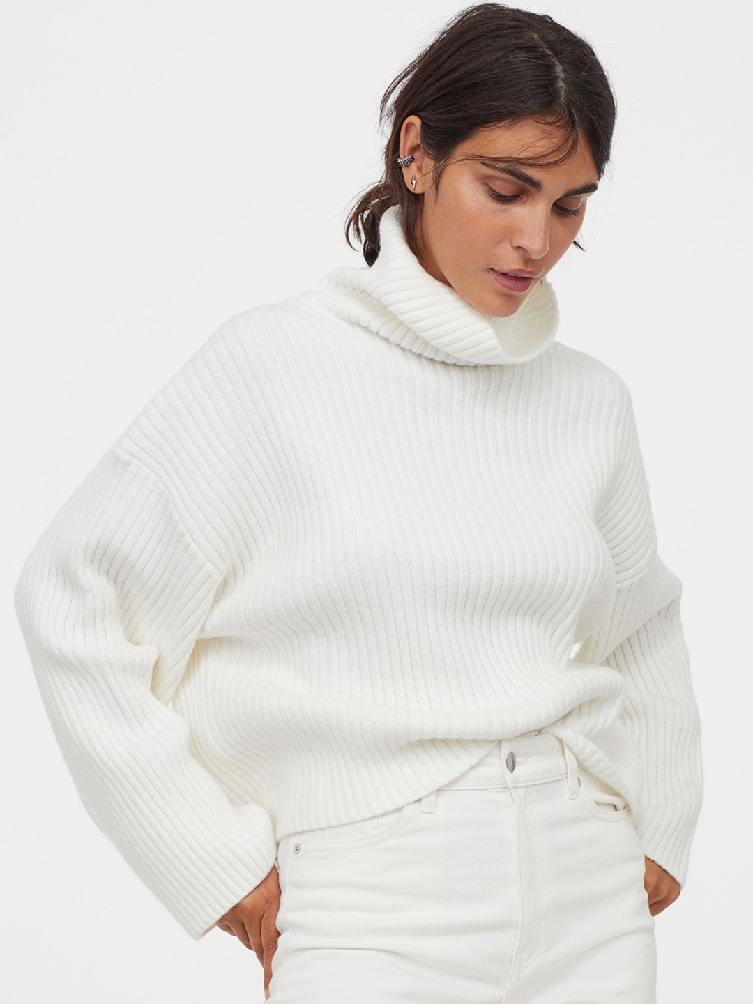 H M Women White Ribbed Polo Neck Jumper
