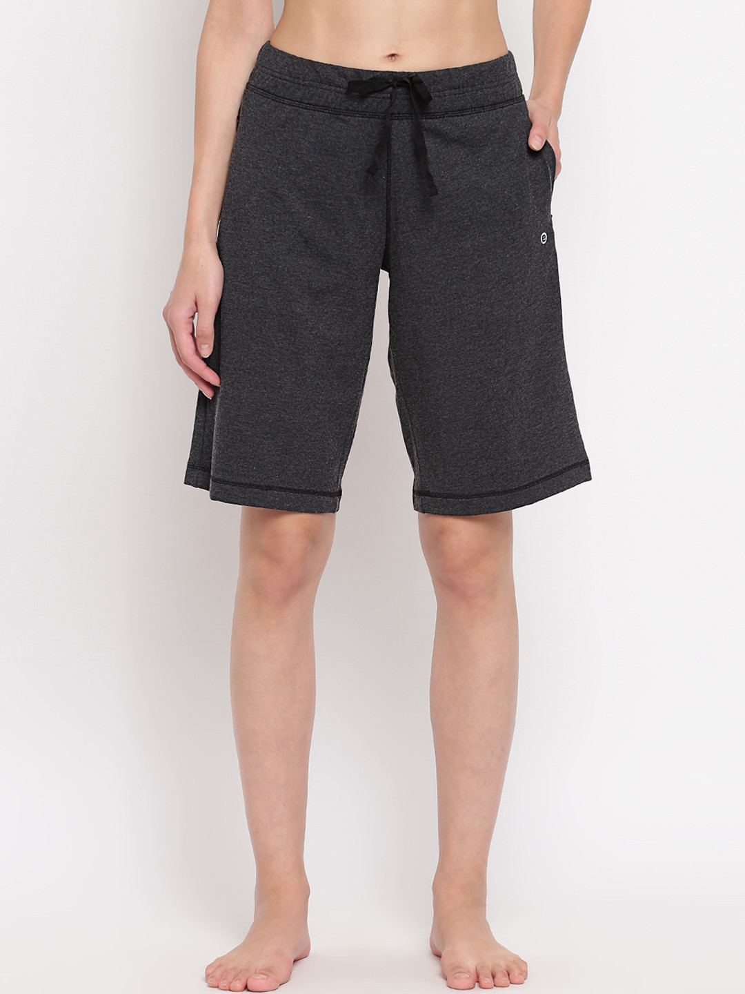 Enamor E044 Mid-Rise Stretch Cotton City Shorts for Women with Zipper Pockets