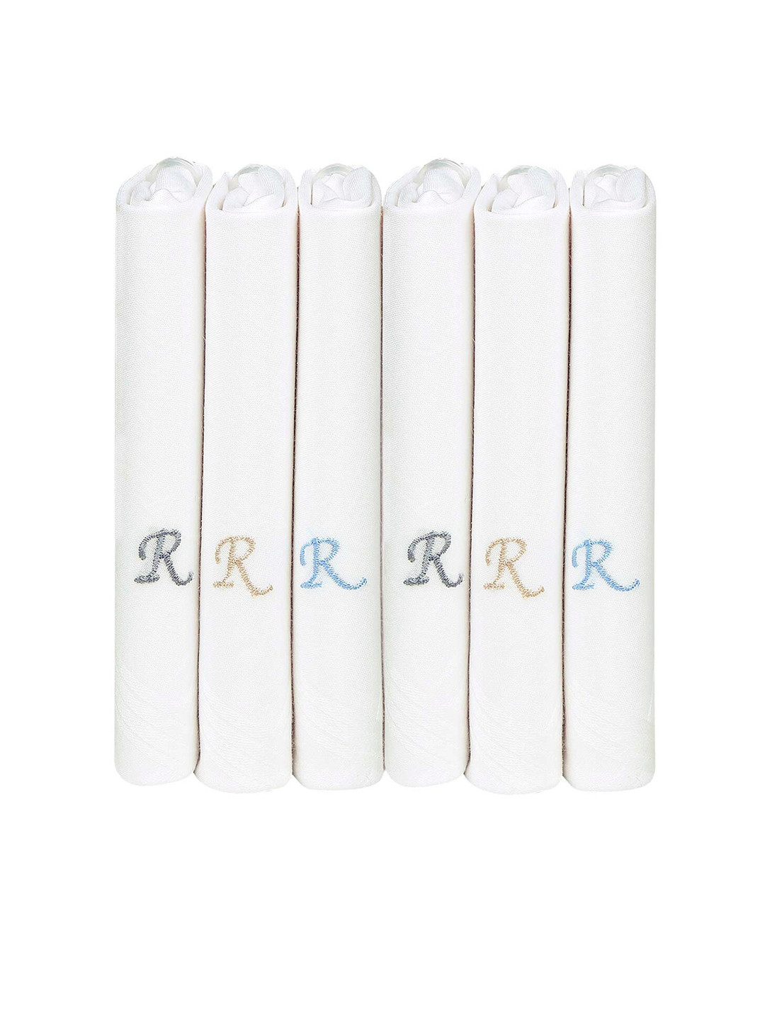 Bonjour Men Pack Of 6 White Solid Handkerchiefs Accessory Gift Set with R Initials