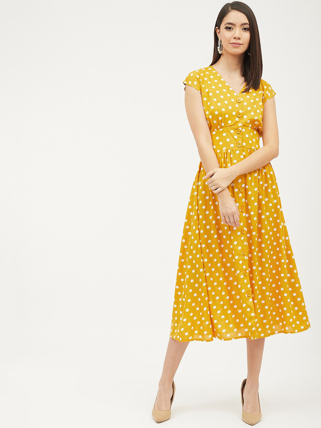 Harpa Women Mustard Yellow & White Polka Dots Printed Fit and Flare Dress