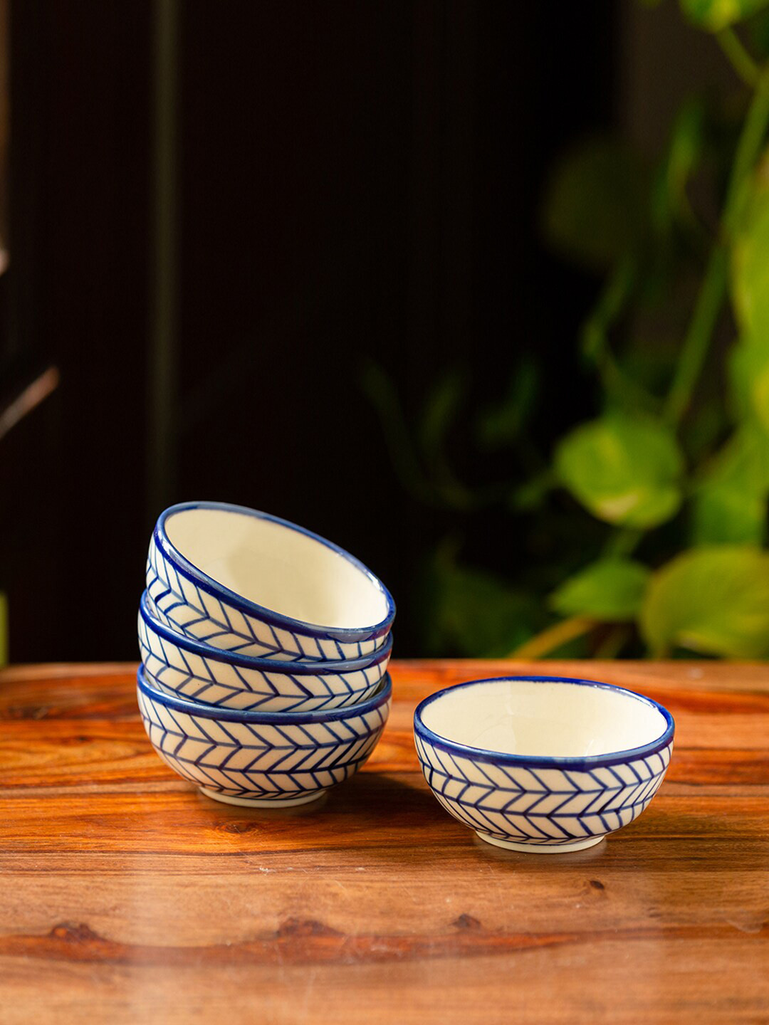 ExclusiveLane White & Blue Set Of 4 Chevron Hand-Painted Ceramic Dining Bowls 160 ML Each