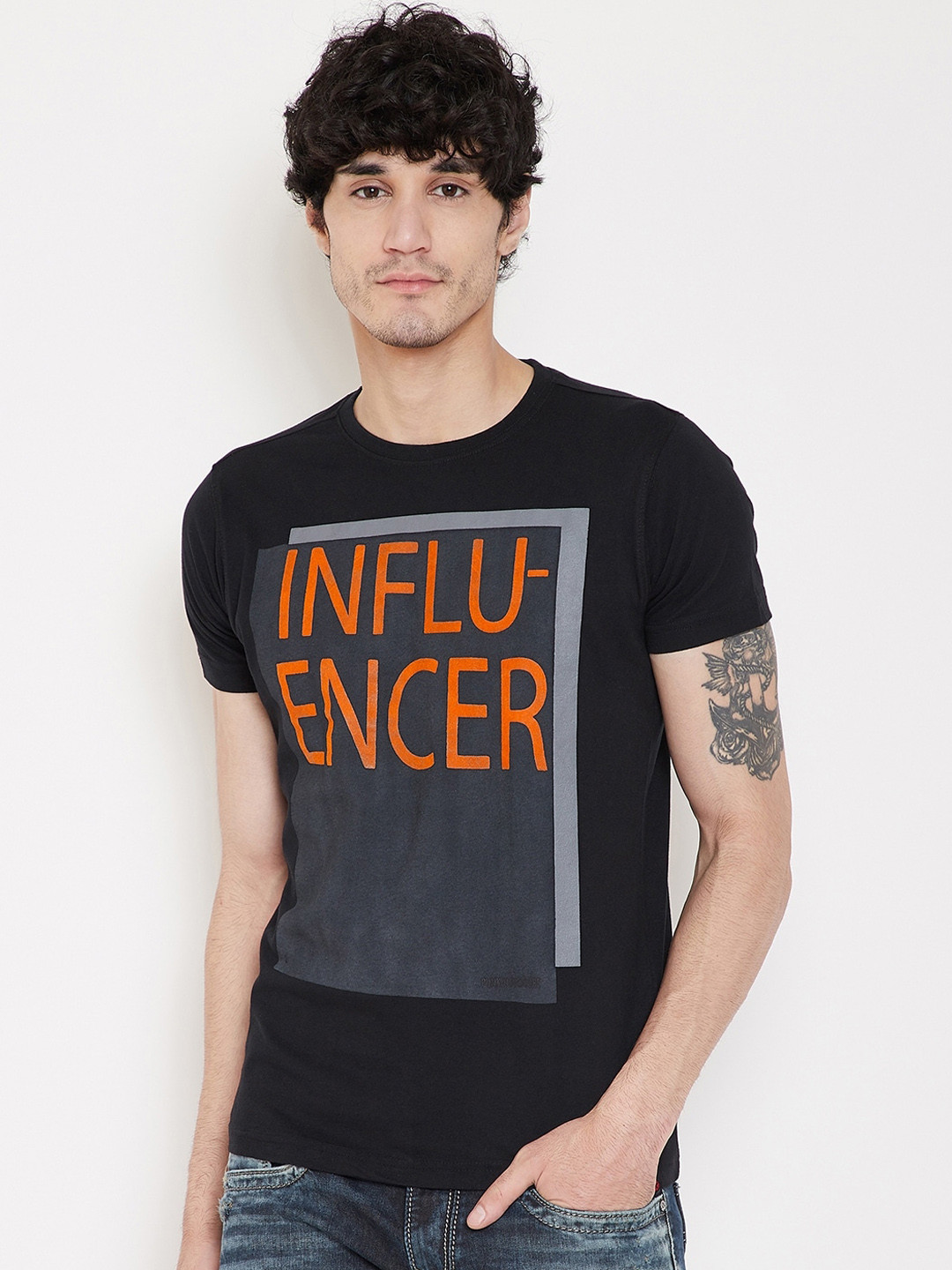 PUNK Men Black & Orange Printed Round Neck T-shirt