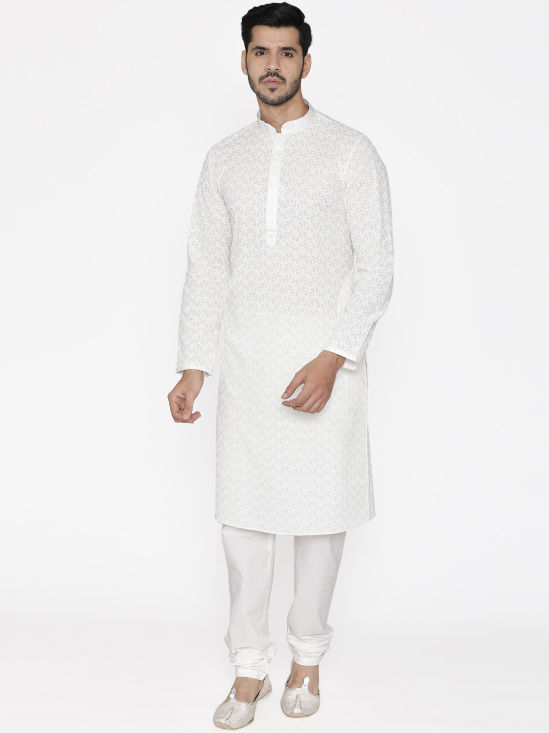 Manyavar Men White Embroidered Kurta with Churidar