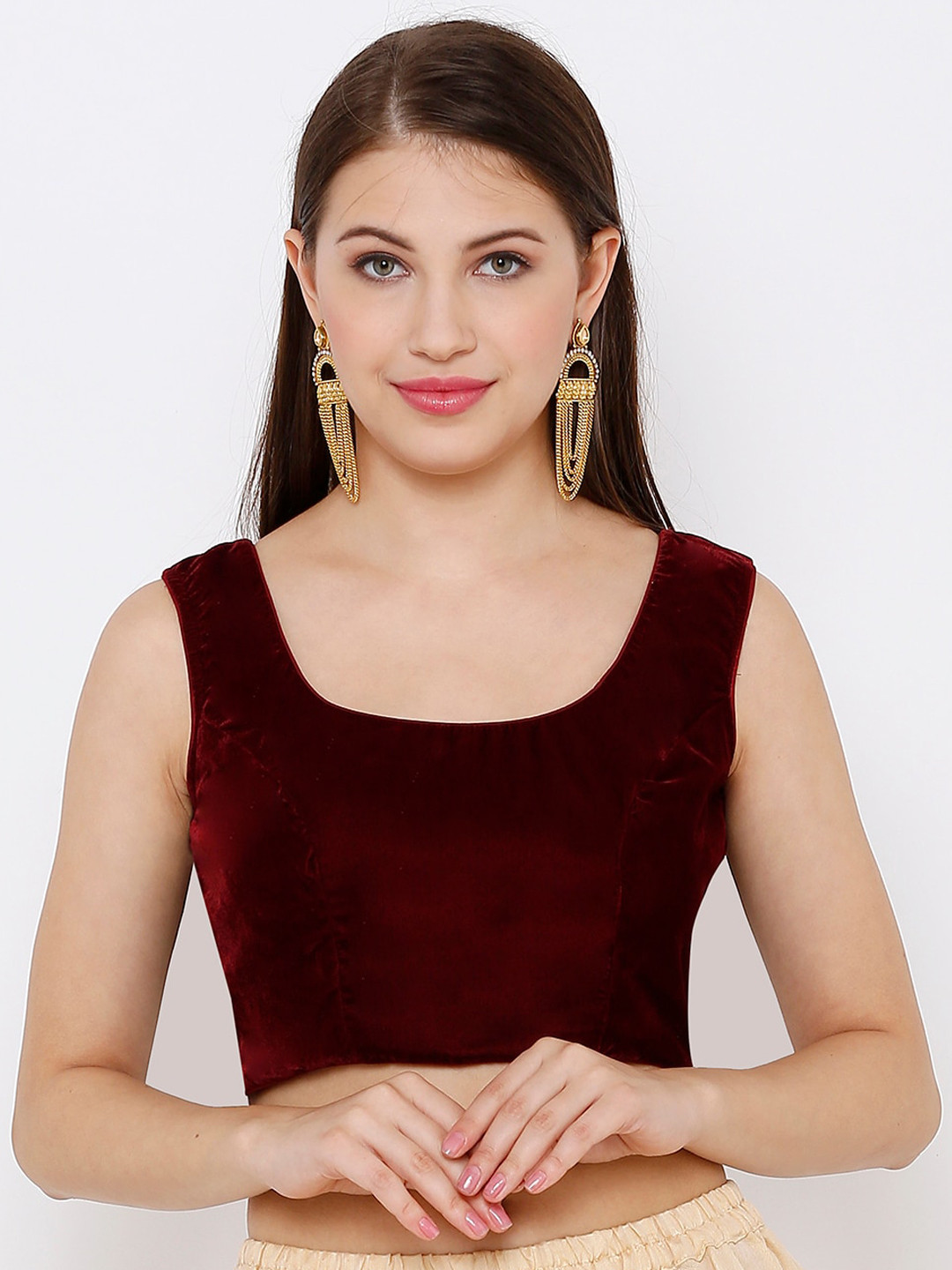 SALWAR STUDIO Velvet Solid Sleeveless Saree Blouse
