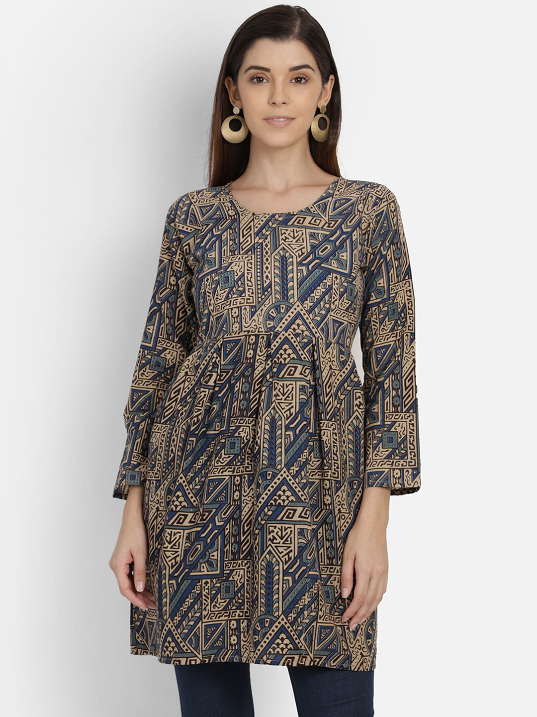 SAHORA Women Beige Blockprint Printed Peplum Pure Cotton Top