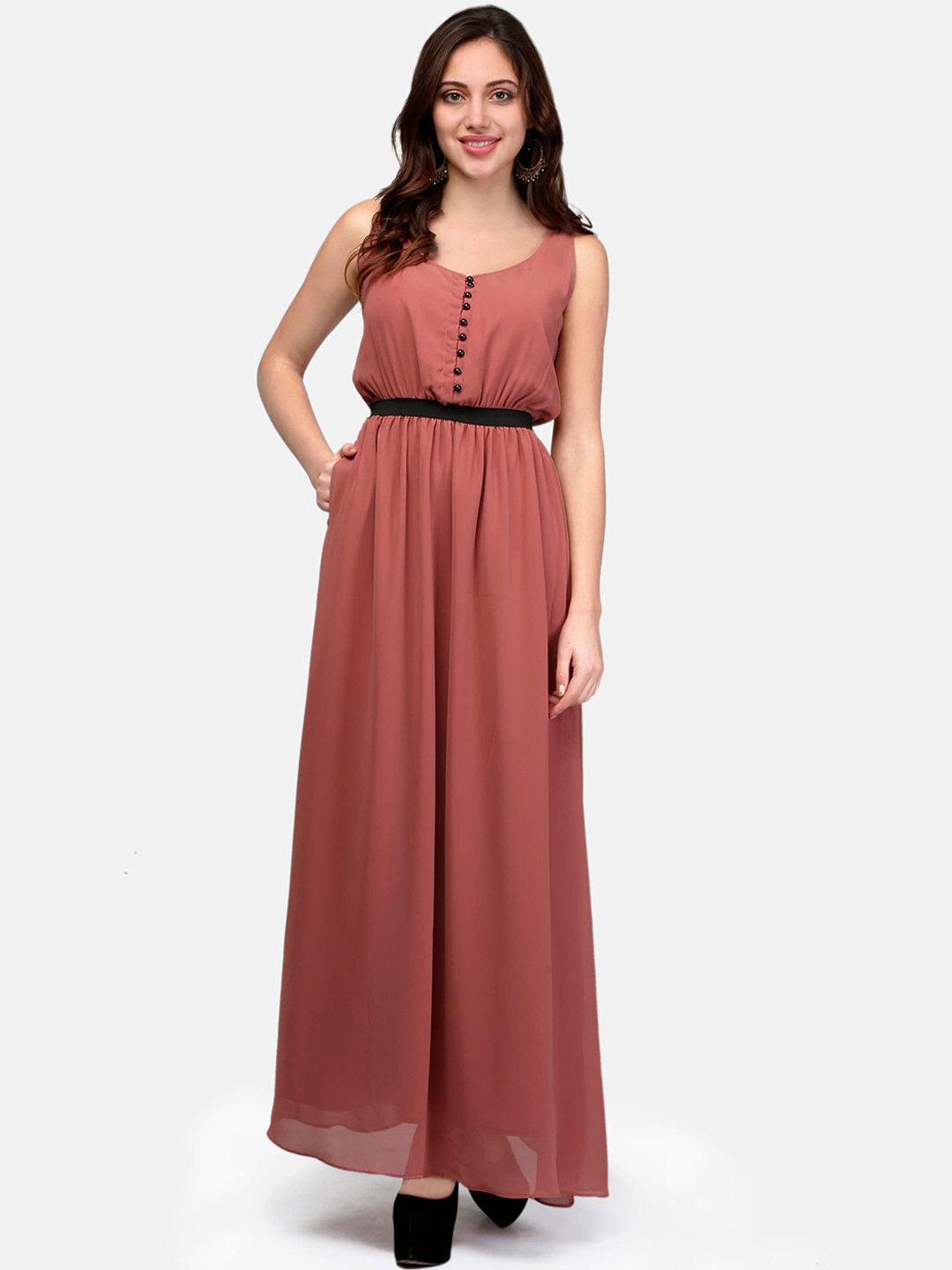 V&M Women Rust Red Solid Maxi Dress