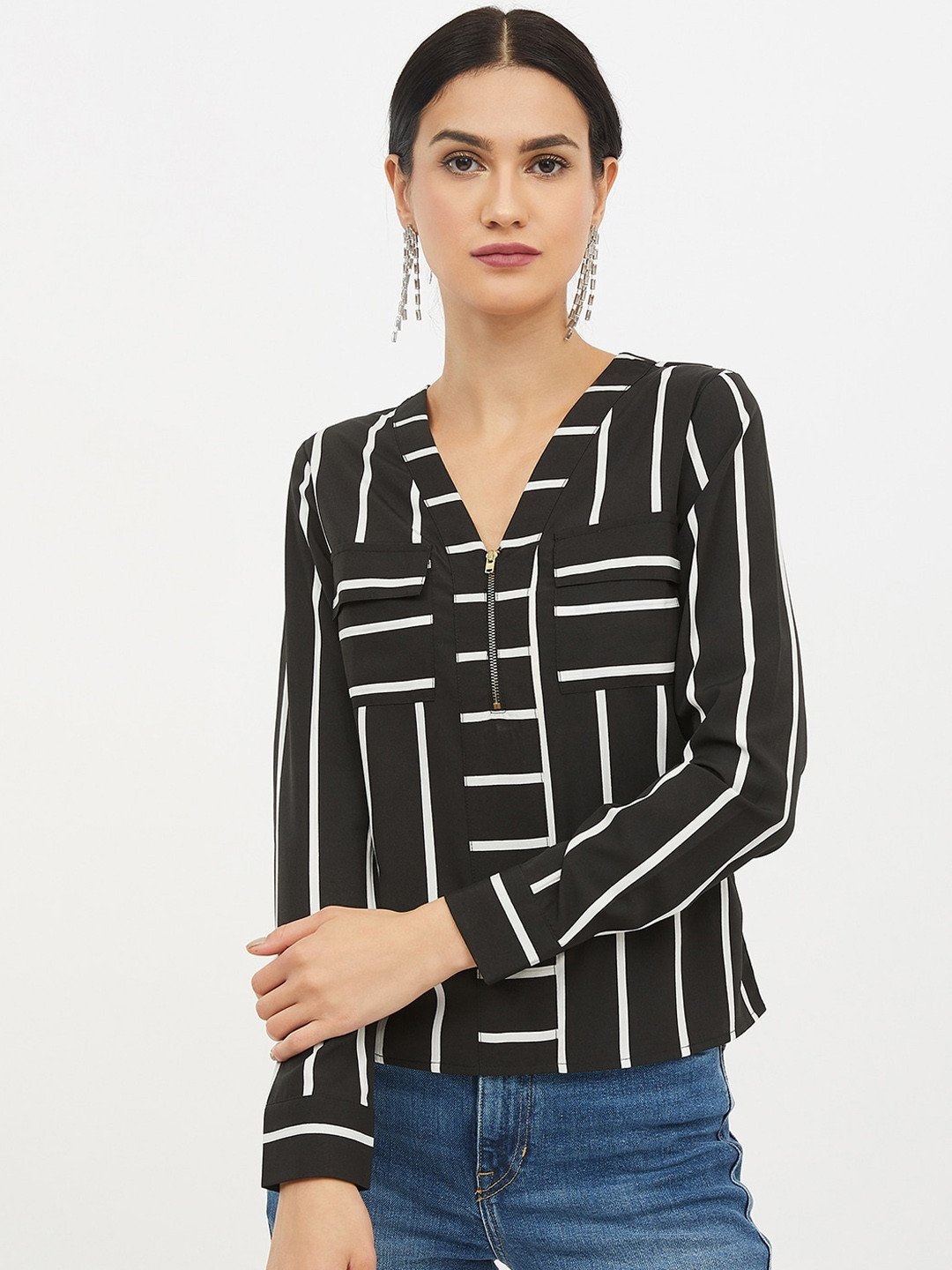 Harpa Women Black & White Striped Shirt Style Top
