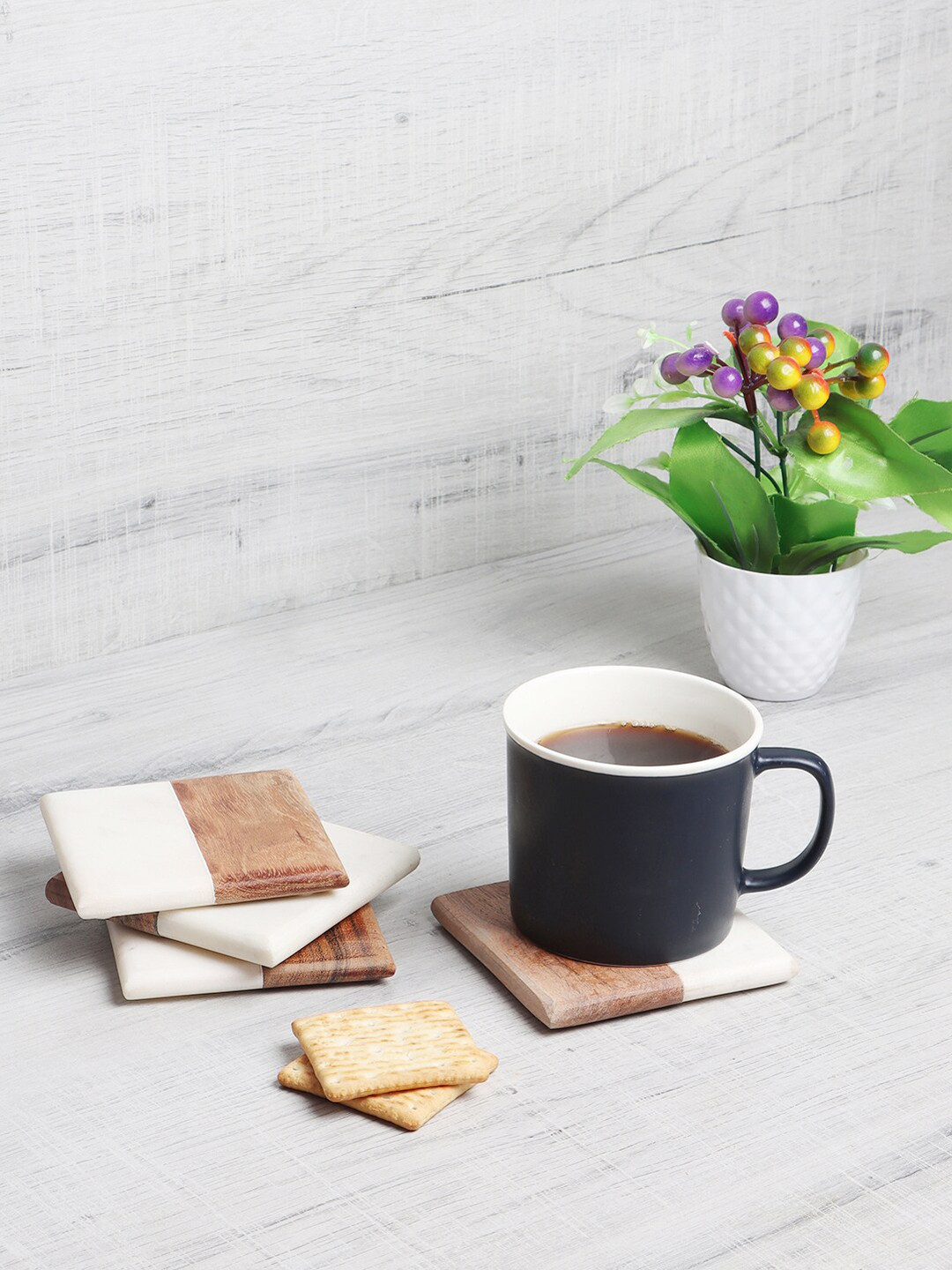 NikkisPride Set of 4 White & Brown Marble & Wood Square Coaster