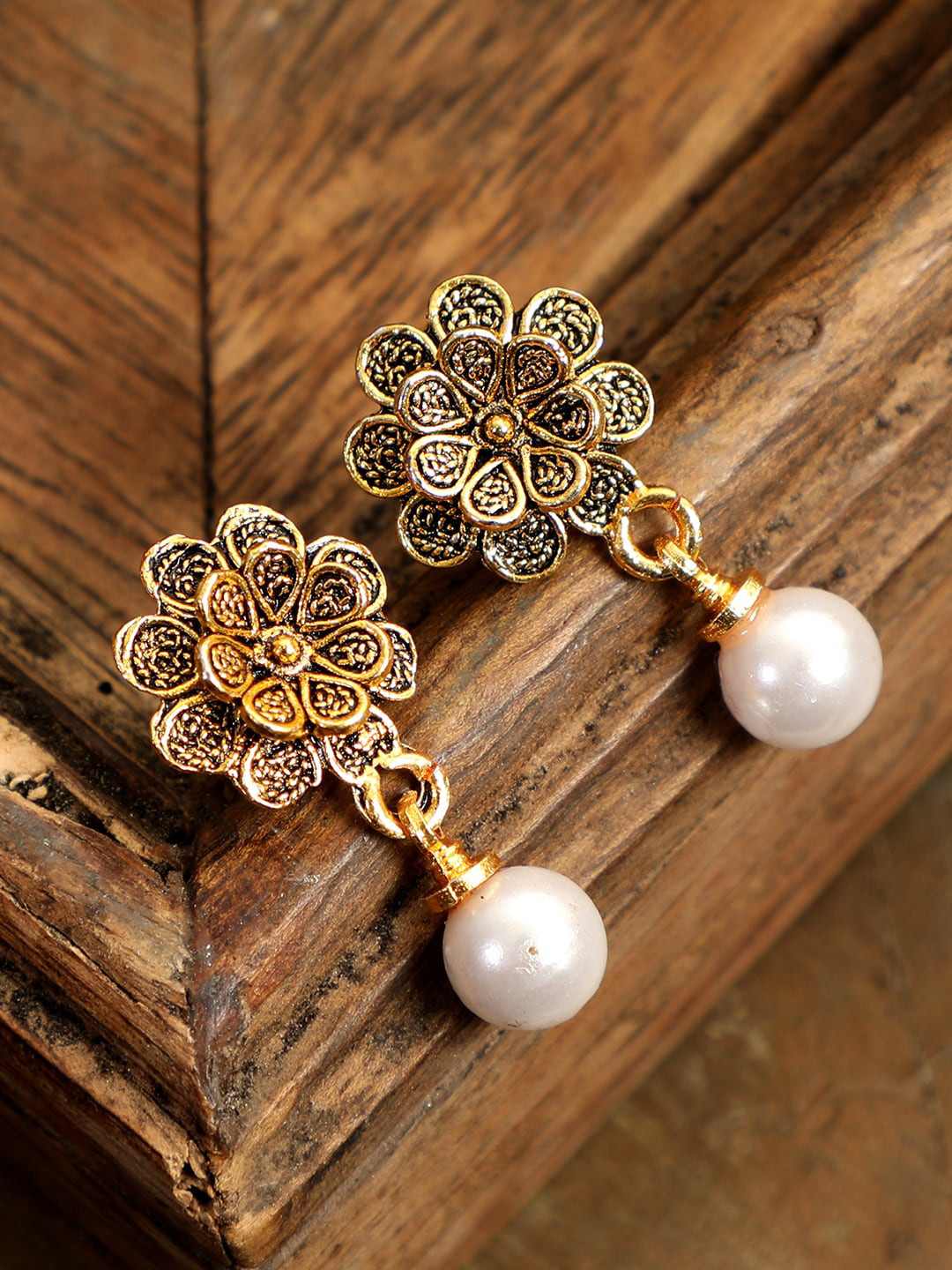 ANIKAS CREATION Gunmetal-Toned Gold Plated Floral Drop Earrings