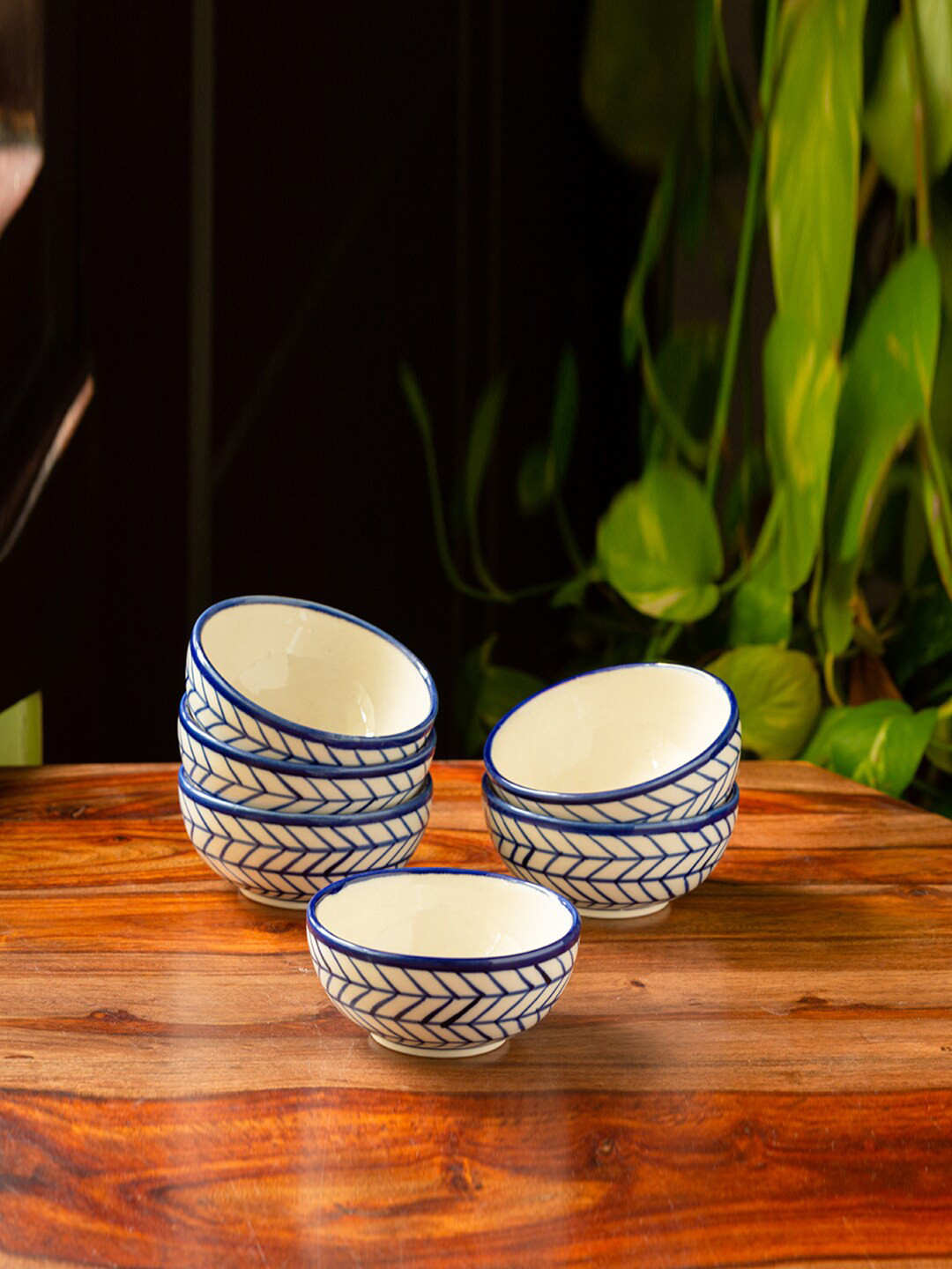 ExclusiveLane White & Blue Set of 6 Chevron Hand-Painted Ceramic Dining Bowls 160 ML Each