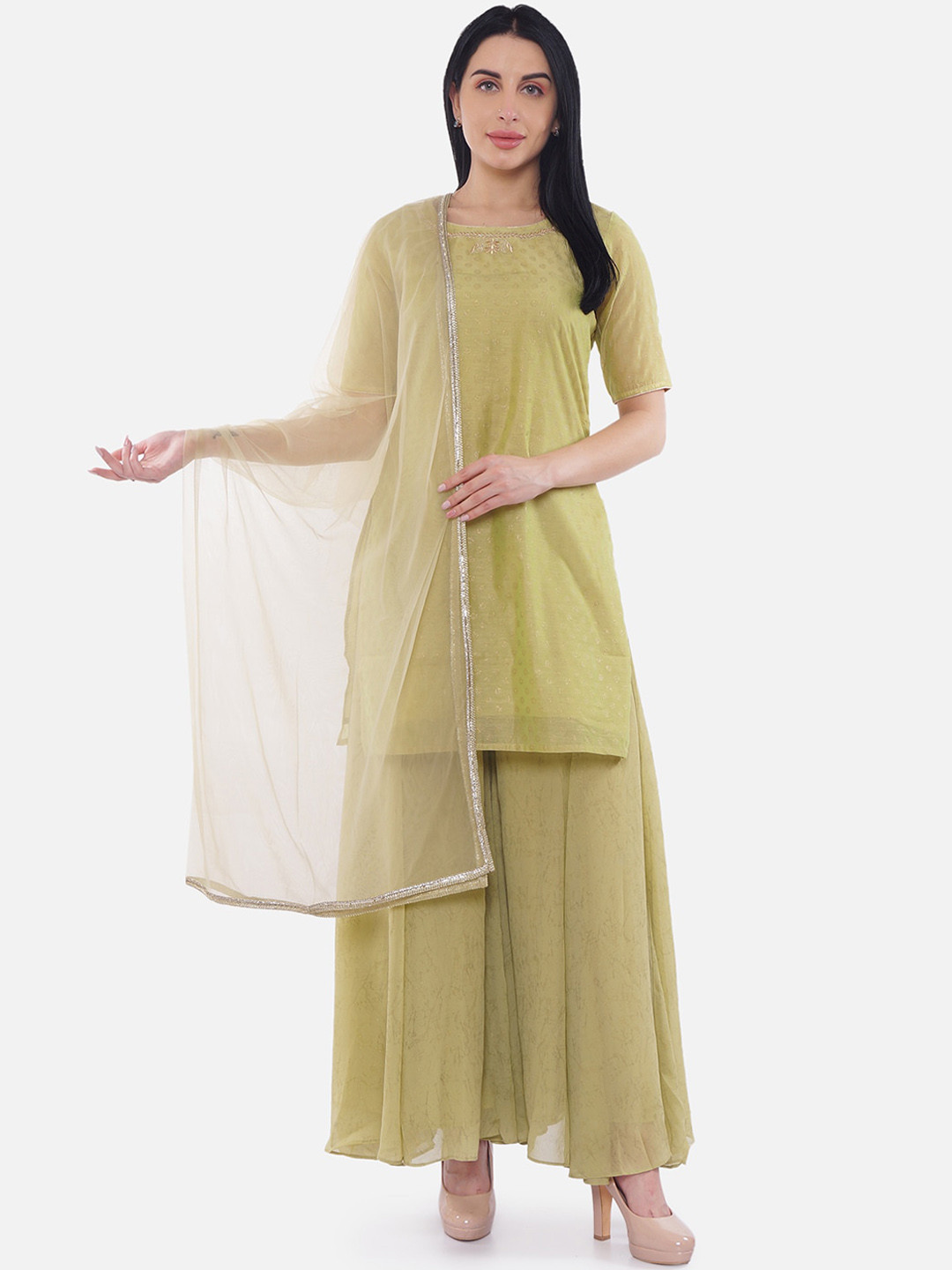 Be Indi Women Green Printed Kurta with Sharara & Dupatta