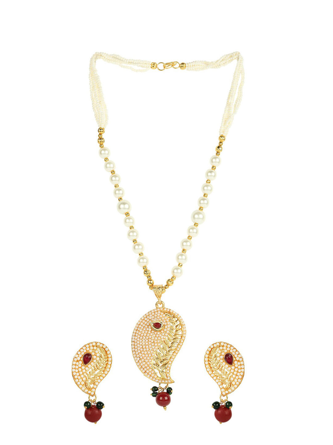 ANIKAS CREATION Gold-Plated Pearl And Stone Studded Pendant Style Necklace & Earrings