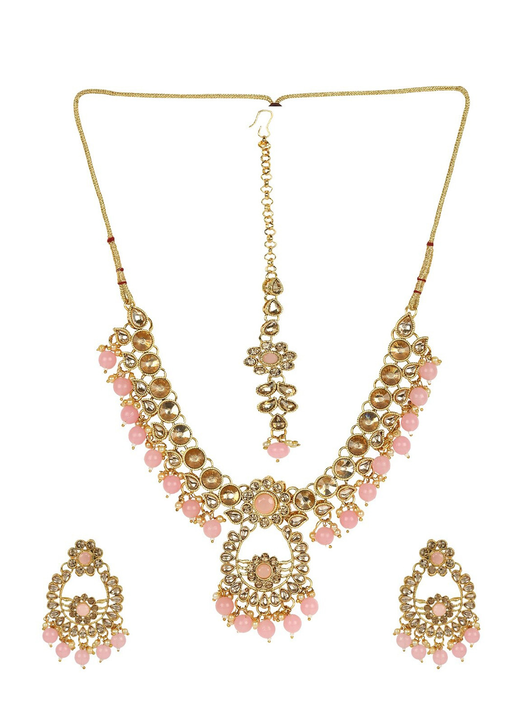 ANIKAS CREATION Gold-Plated Beige & Pink Kundan-Studded Pearl Embellished Handcrafted Sustainable Jewellery Set
