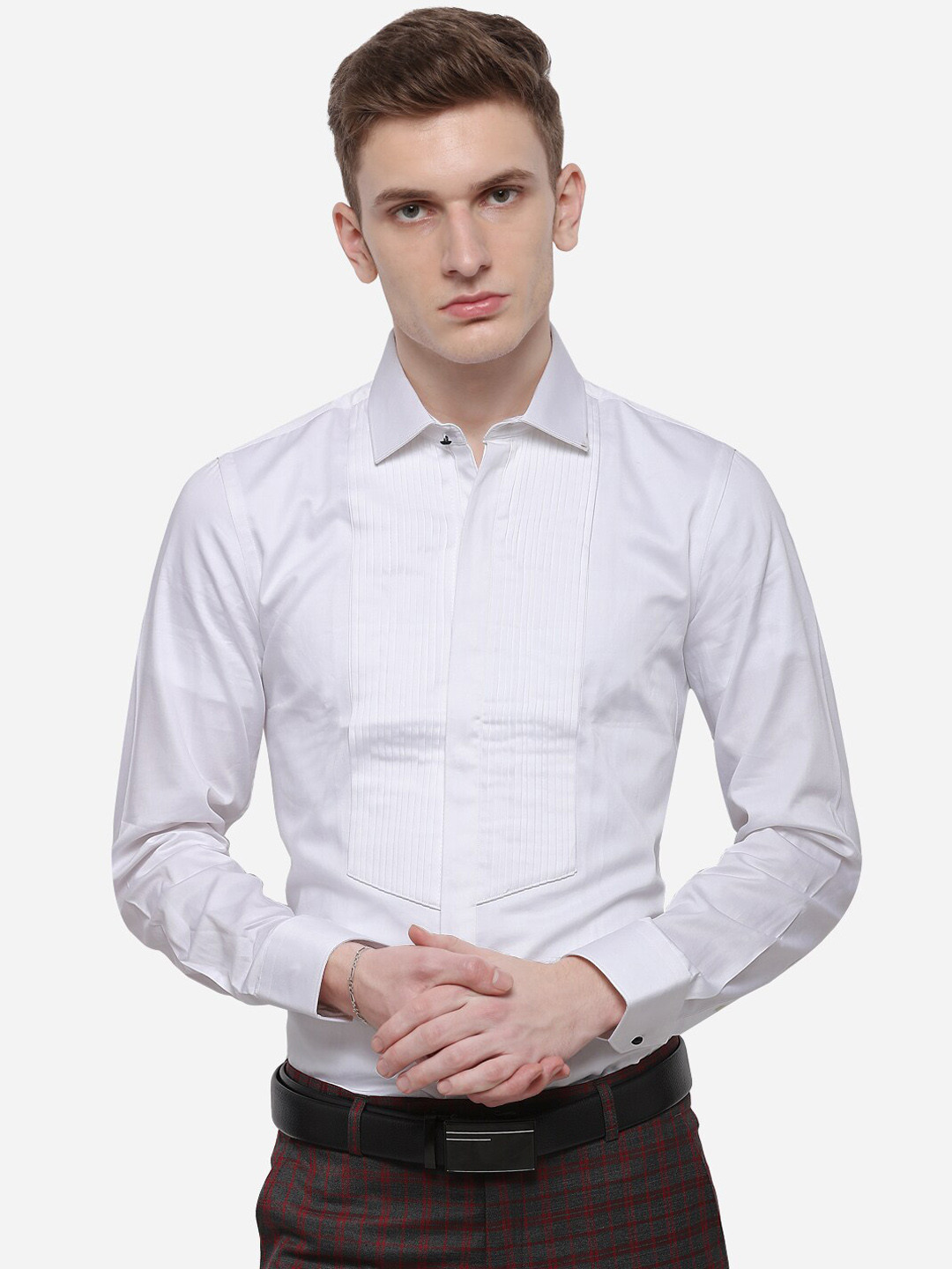 JB STUDIO Men White Slim Fit Checked Formal Shirt