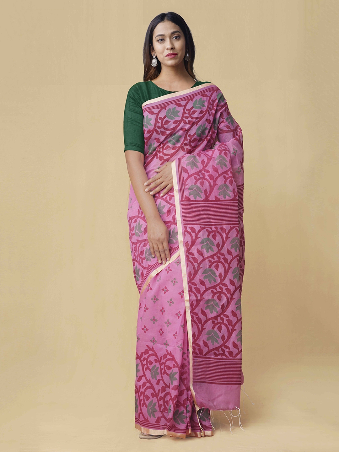 Unnati Silks Pink Printed Silk Cotton Saree