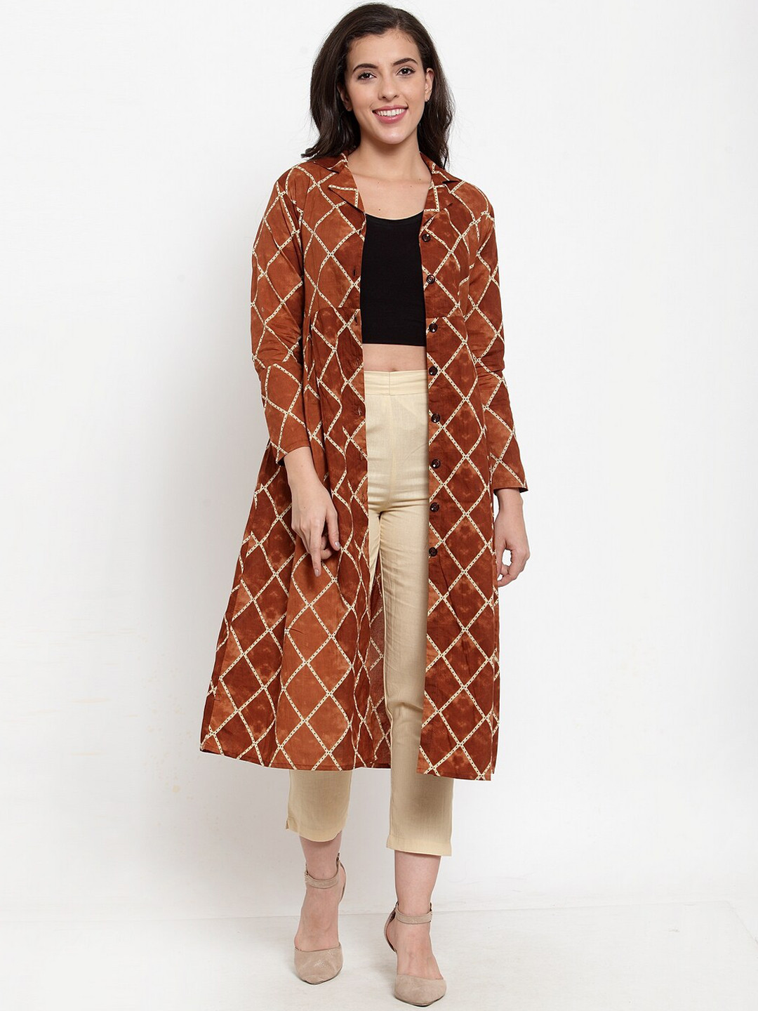 Indibelle Women Brown Printed Button Shrug