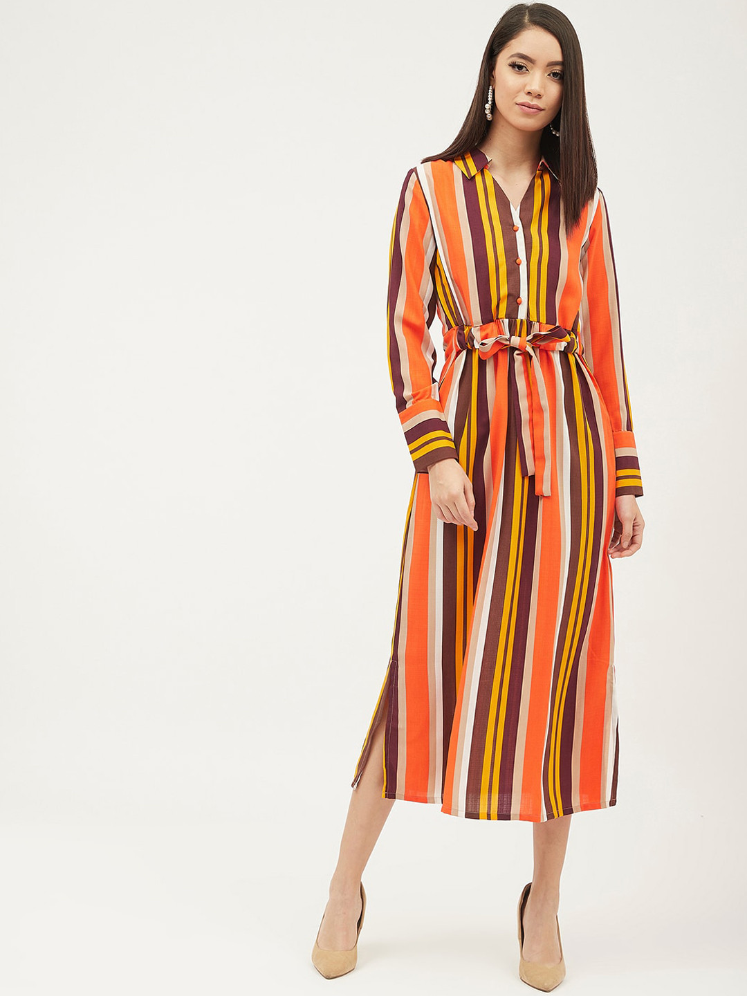 Harpa Women Orange & Brown Striped Shirt Dress
