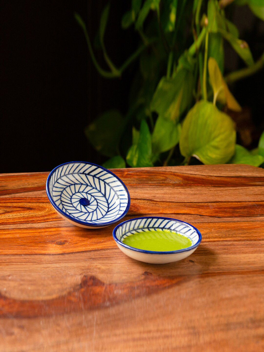 ExclusiveLane Set of 2 Indigo Chevron Ceramic Chutney Dip Bowls 25 ml
