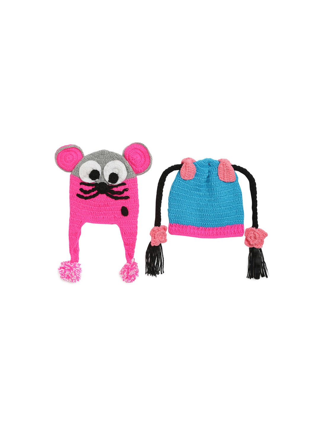 CHUTPUT Kids Pack Of 2 Pink & Blue Hand knitted Crochet Woolen Beanie