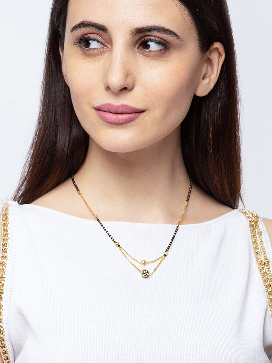 Digital Dress Room Gold-Plated Black Stone-Studded Beaded Layered Mangalsutra