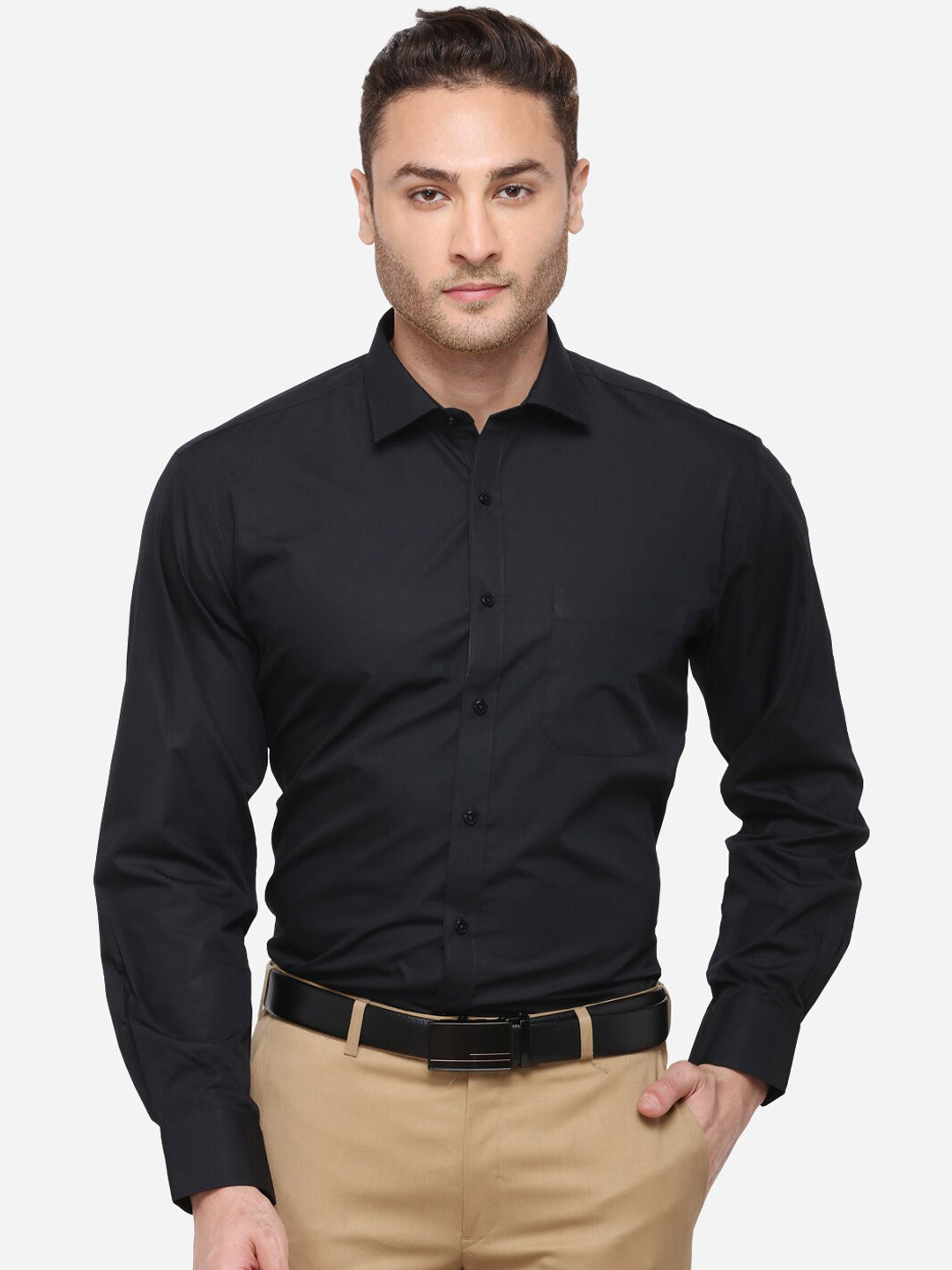 Greenfibre Men Black Regular Fit Solid Formal Shirt