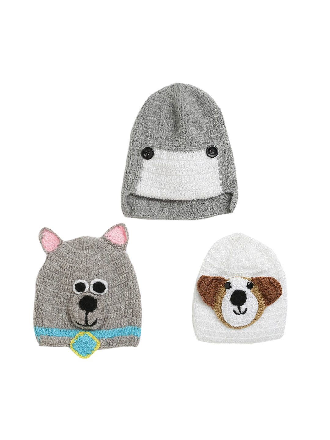 CHUTPUT Kids Pack Of 3 Grey & White Hand knitted Crochet Woolen Beanie