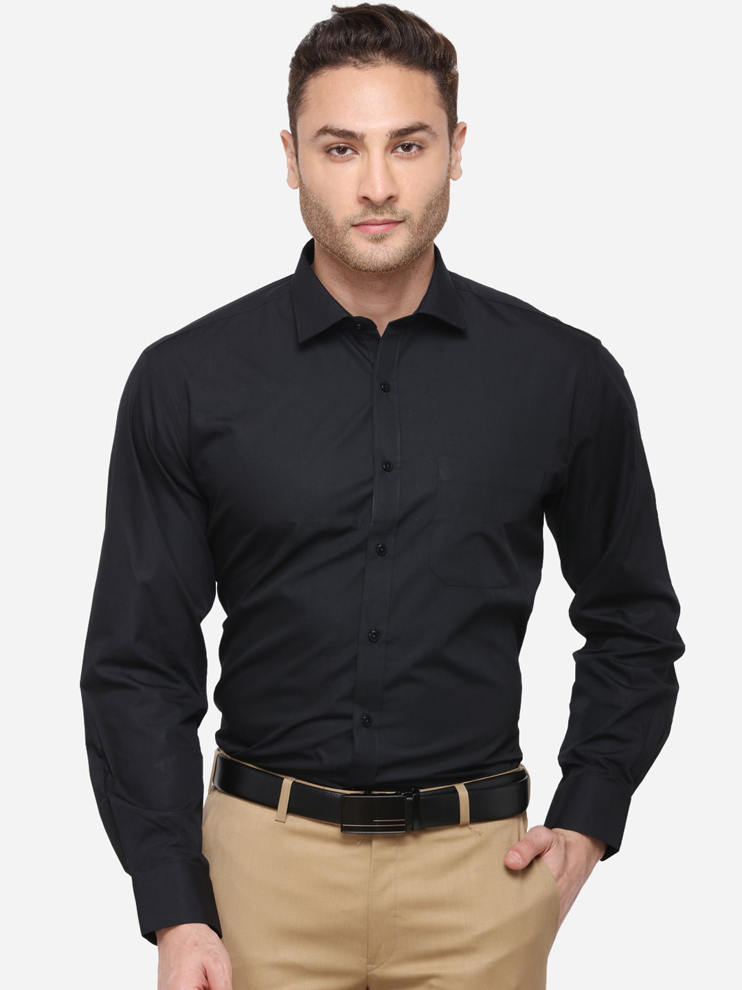 Greenfibre Men Black Regular Fit Solid Formal Shirt