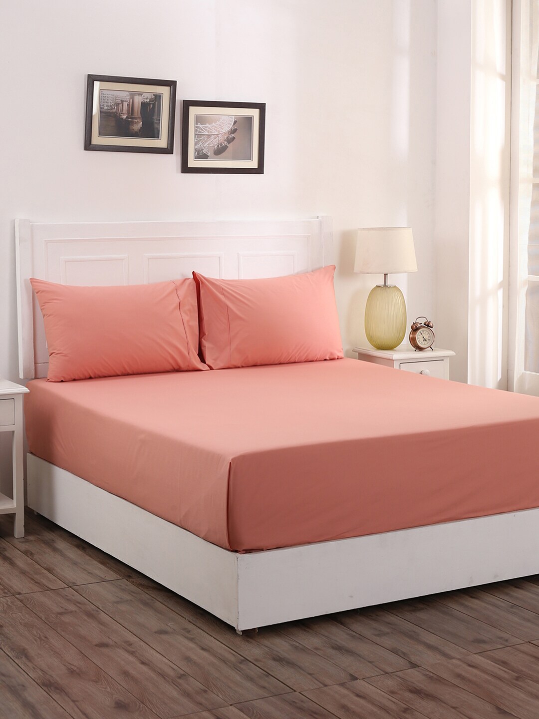 MASPAR Peach-Coloured Solid 200 TC Cotton 1 King Bedsheet with 2 Pillow Covers