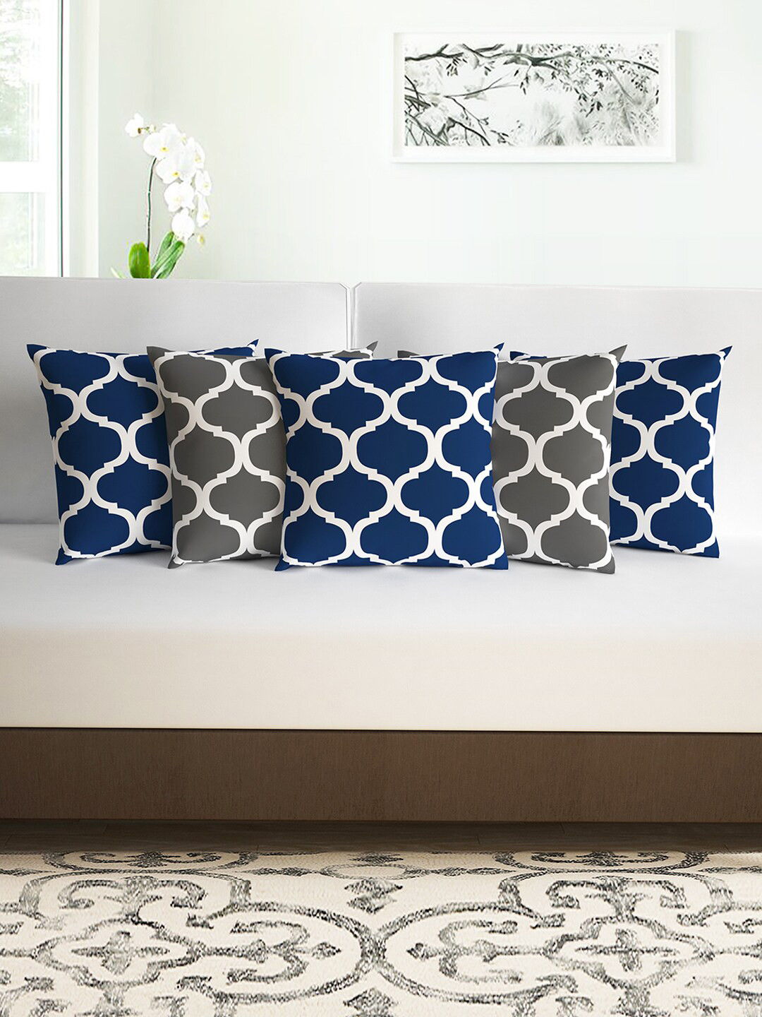 Divine Casa Blue Geometric Polyester Washable 5 Piece Square Cushion Covers -16x16In
