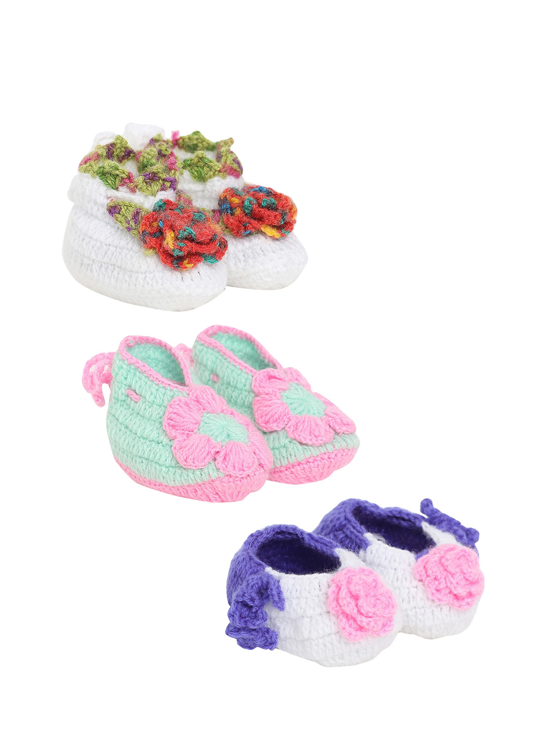 CHUTPUT Infant Kids Set Of 3 Hand-knitted Crochet Woollen Booties