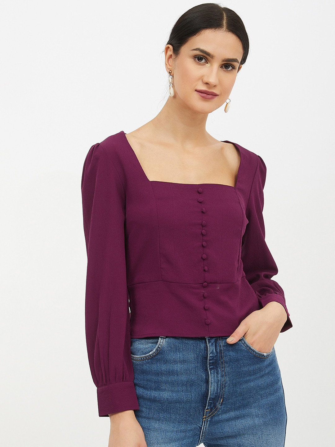 Harpa Purple Square Neck Top With Puffed Sleeves