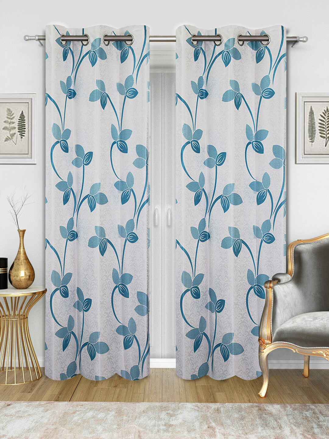 Good Homes by Home Candy Set of 2 Off-White & Blue Floral Print Door Curtains