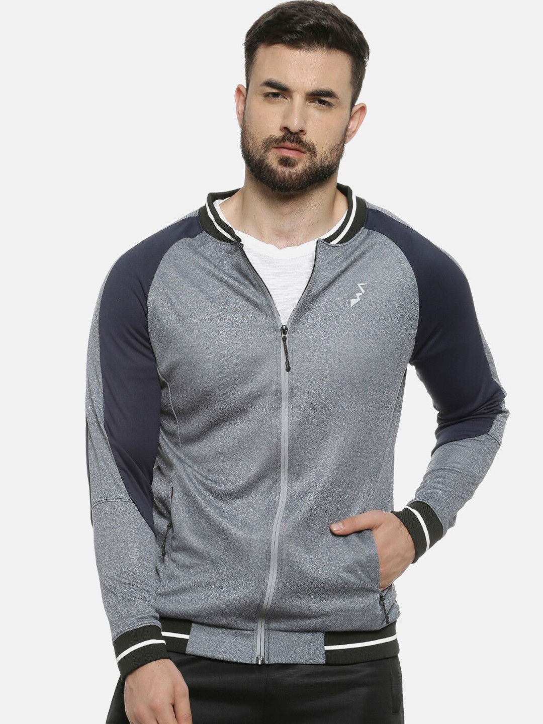 Campus Sutra Men Blue & Grey Colourblocked Lightweight Sporty Jacket
