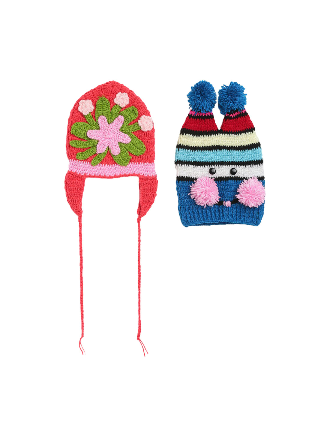 CHUTPUT Unisex Kids Pack Of 2 Multicoloured Self Design Beanie
