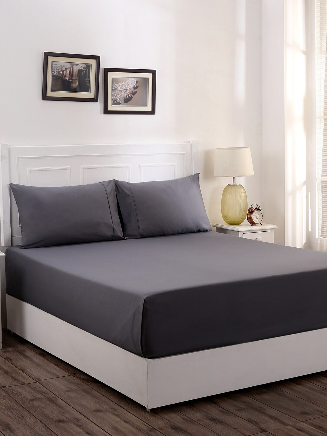MASPAR Charcoal Cotton 200 TC Double Fine Bedsheet with a Pillow Cover-88 x 60 inches