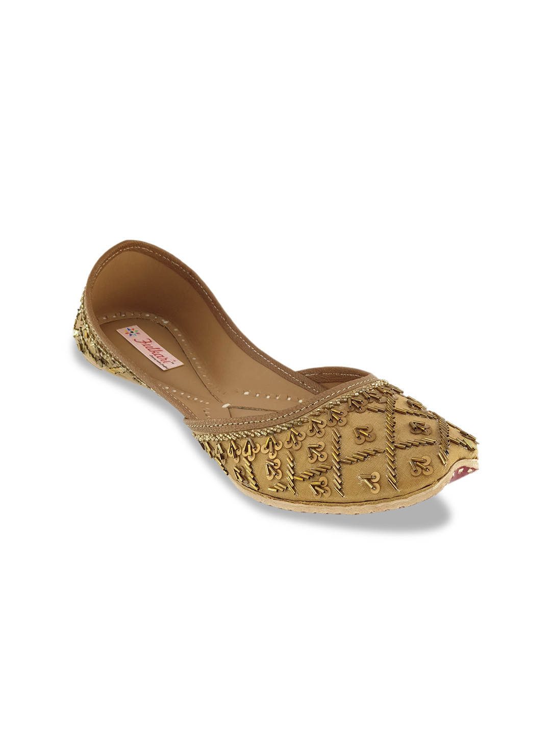 Fulkari Women Khaki & Bronze-Toned Embellished Leather Mojaris