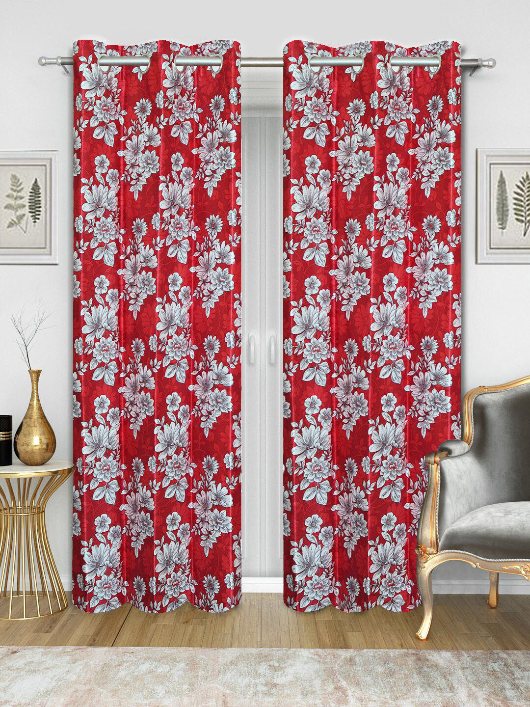 Good Homes by Home Candy Set of 2 Red & White Floral Print Long Door Curtains